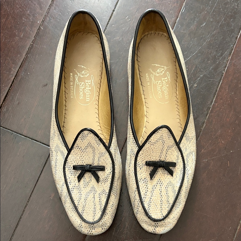 Belgian Shoes Beige Snakeskin Loafers with Black Trim